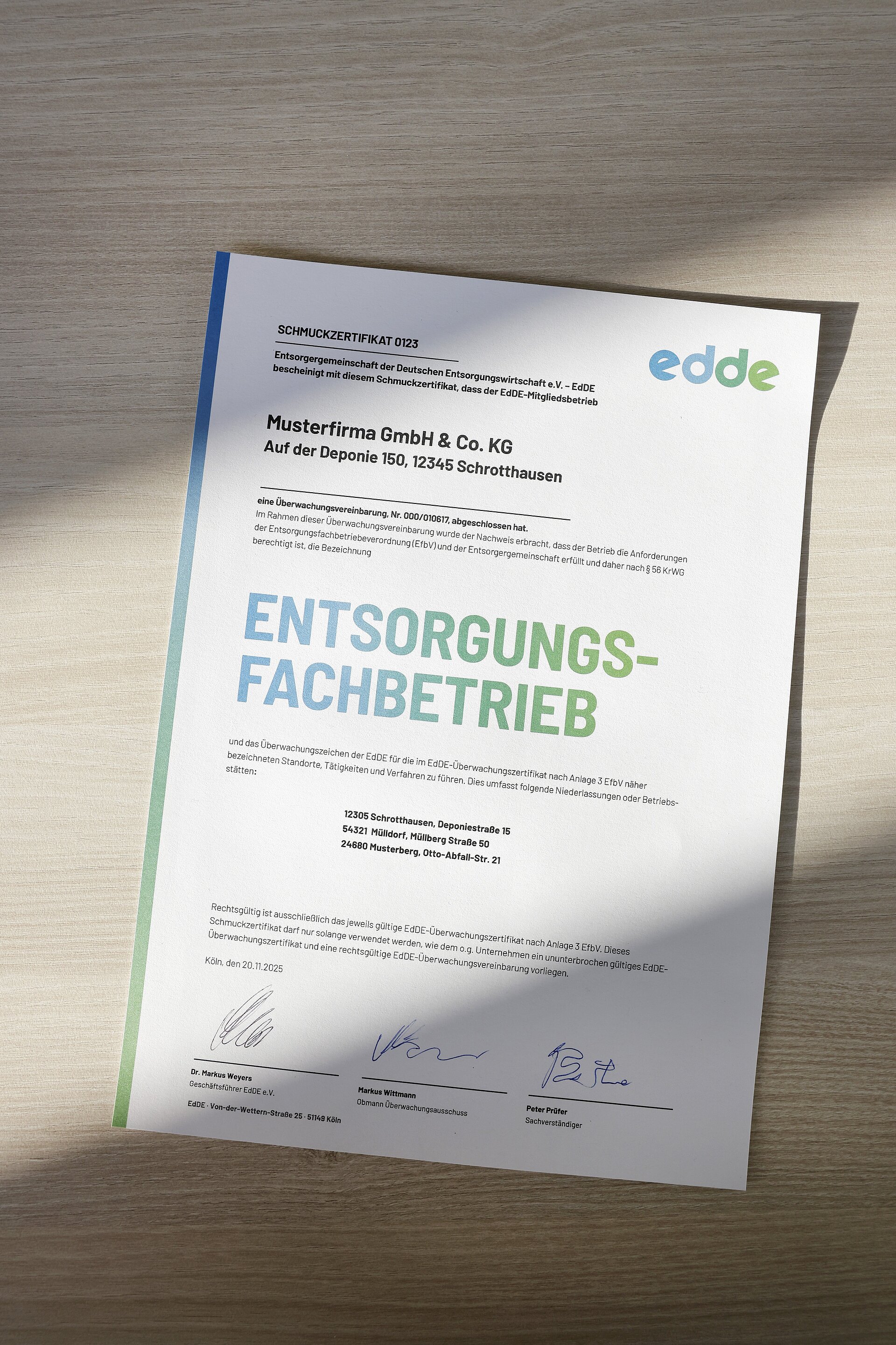 EdDE-Schmuckzertifikat (Muster)